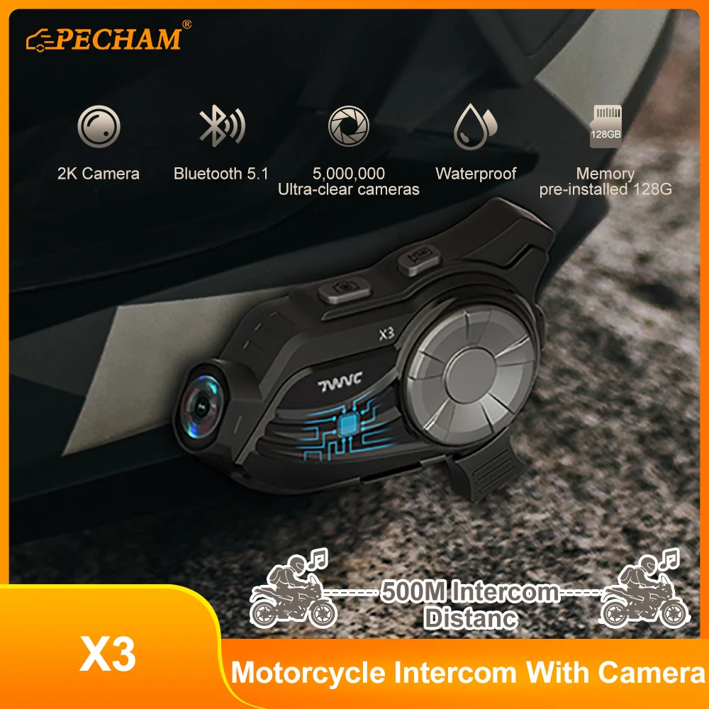 

X3 Motorcycle Helmet Intercom Dash Camera 5.1 Bluetooth 2 Riders 500M 4K Waterproof Motorcycle Wireless Bluetooth Headset