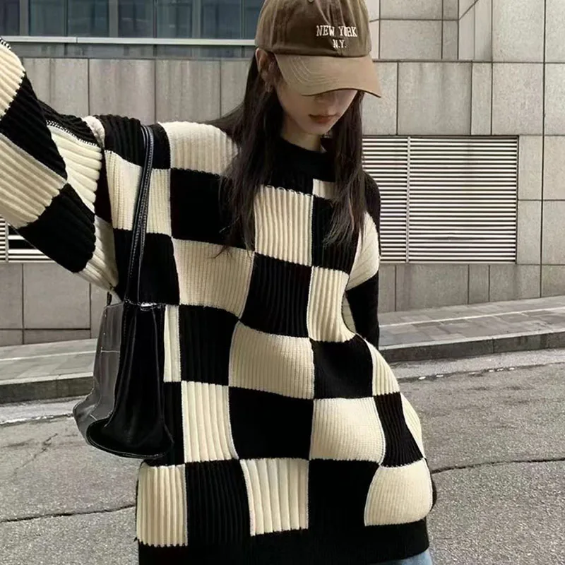 Checkered Sweater Women Harajuku Y2K Black White Plaid Pullover Sweater Long Sleeve Fashion Streetwear Winter Knitted Jumper