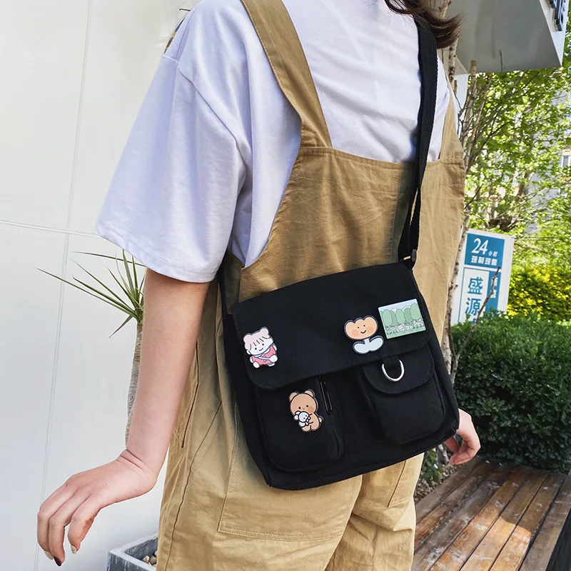 Japanische Harajuku niedlichen Retro Mädchen Umhängetasche schicke Abzeichen Leinwand Cross body Schult aschen Student einfarbige Umhängetasche Schulranzen – Detail 2