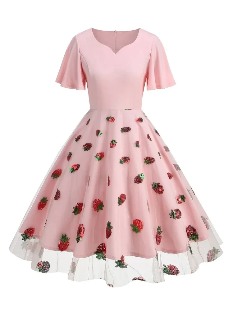 2025 New Hepburn Sweetheart Neck Flare Sleeve 50s Vintage Dresses for Women Two Tone Butterfly Embroidered Elegant Midi Dresses