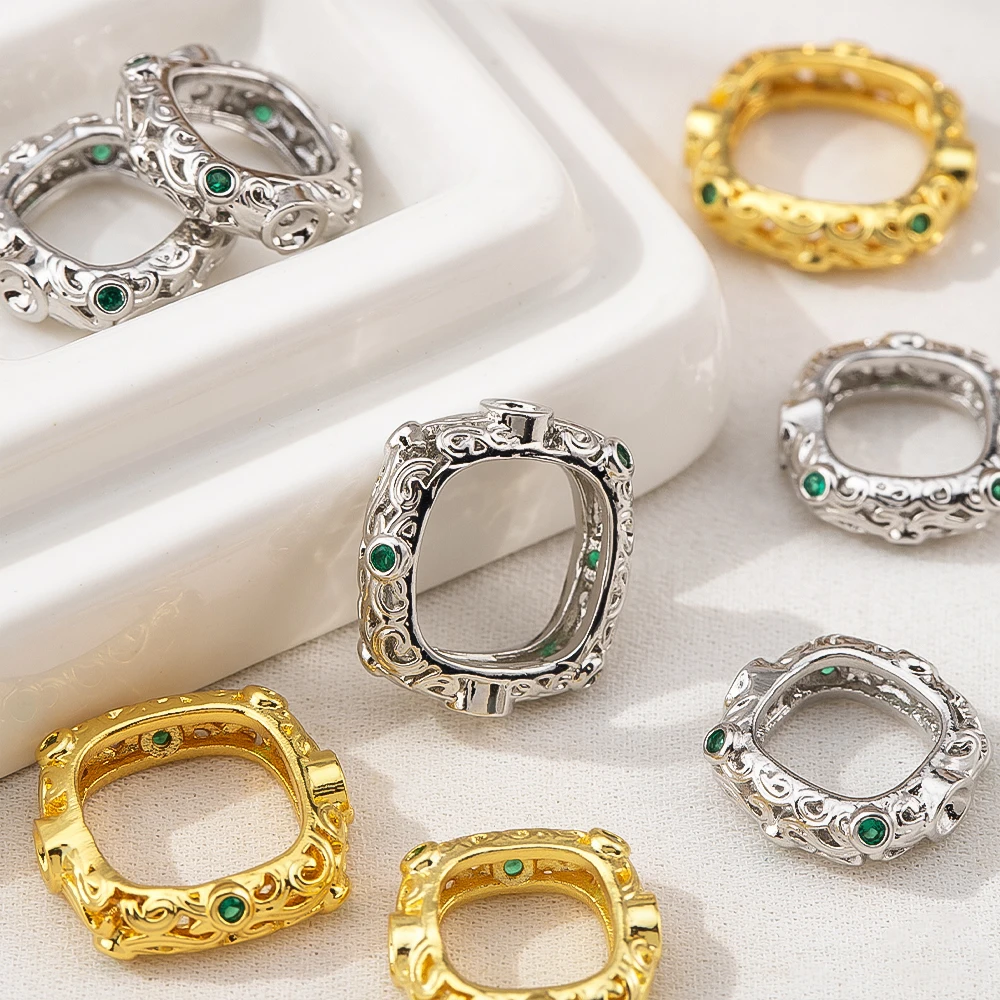 2Pcs 4Pcs 18K Gold Plated Square Shape Frame Retro Green Zircon Spacer Beads for DIY Bracelet Earring Jewelry Making Accessories