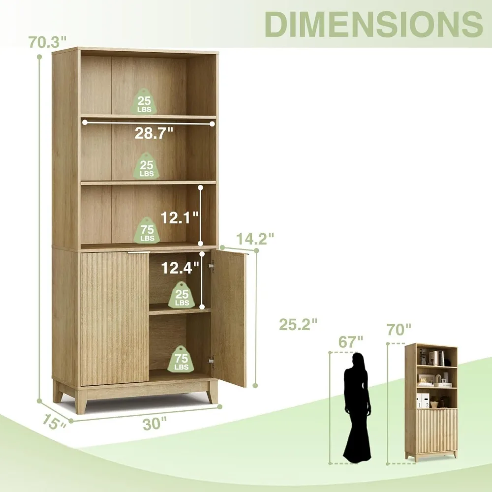 Fluted Bookshelf with Two Doors Cabinet, 70