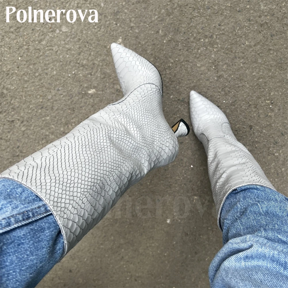 

White Snakeskin Faux Leather Knee High Boots Sexy Pointed Toe Boots for Women Custom Leather Luxurious Handmade Slip on Boots