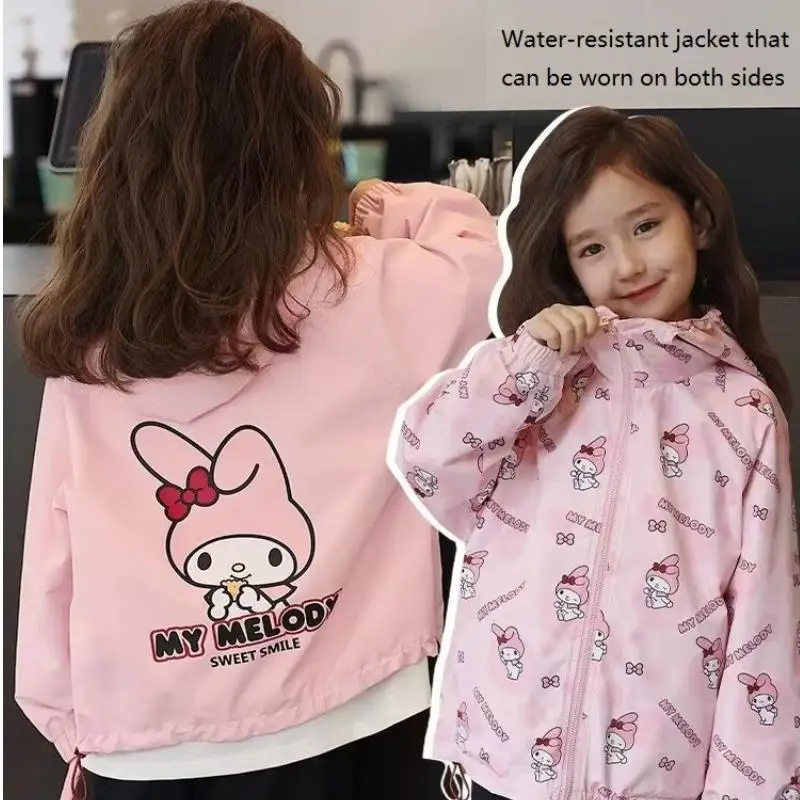 Sanrio Child Front Backe Two Sides Wearable Coat Spring Autumn Girl Cute Kuromi My Melody Cartoon Printing Waterproof Jacket New