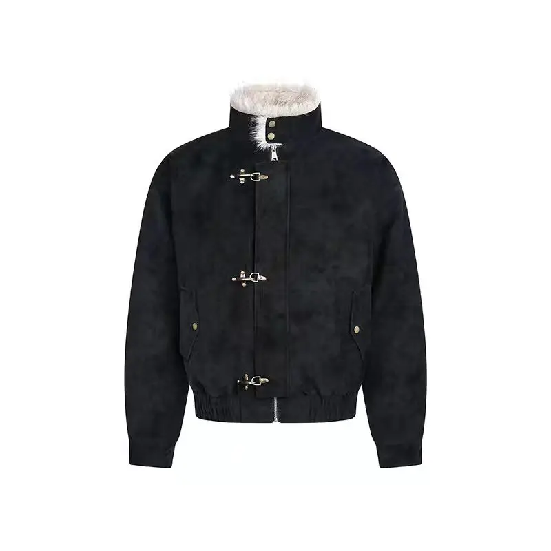 men's and women's wool thickened bomber jackets, American retro aircraft buckle, stand-up collar parka jacket, cool personality