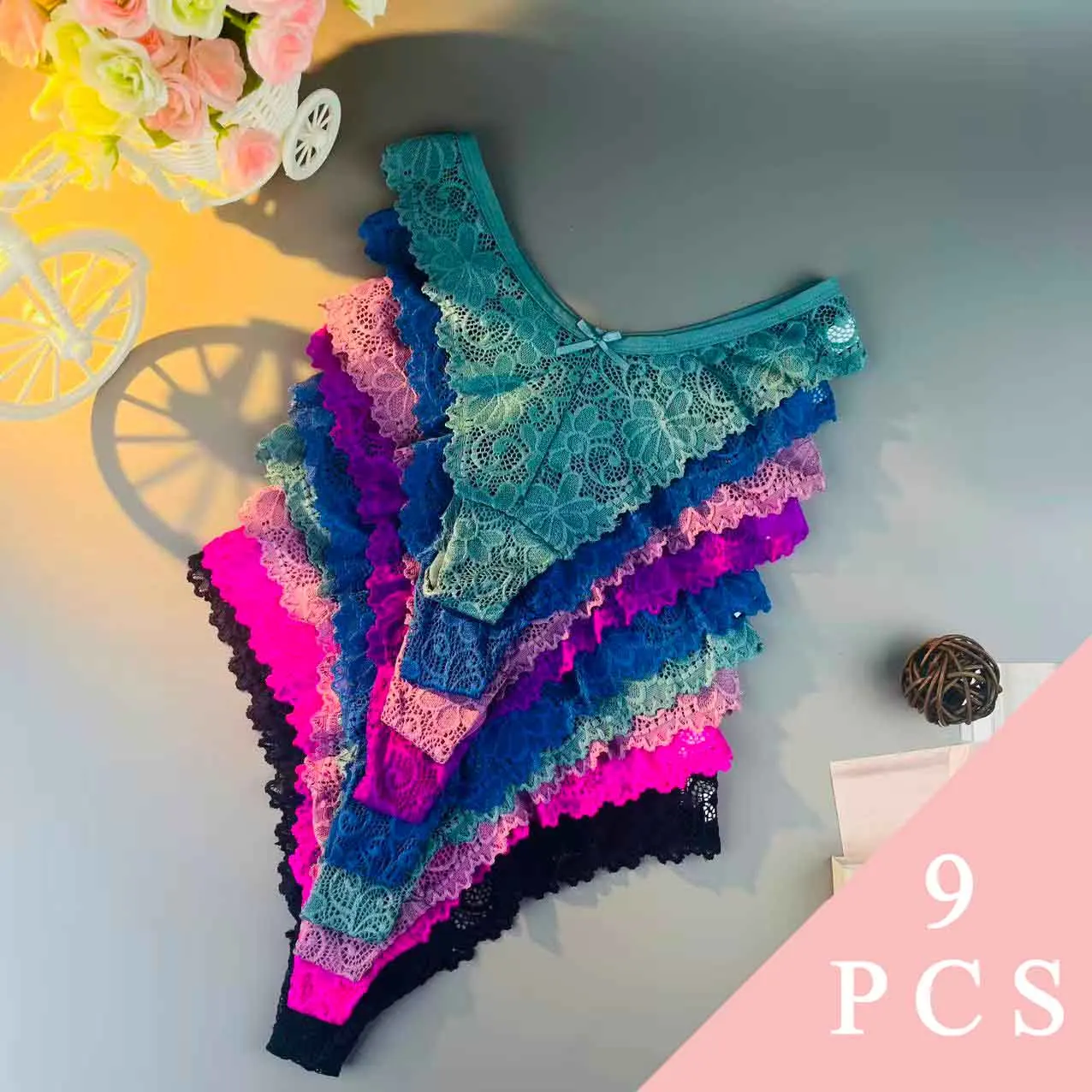 

9шт [Женское нижнее белье] Рождественские подарки на Хэллоуин, однотонные, стринги, полупрозрачные стильные трусики, кружево, низкая талия