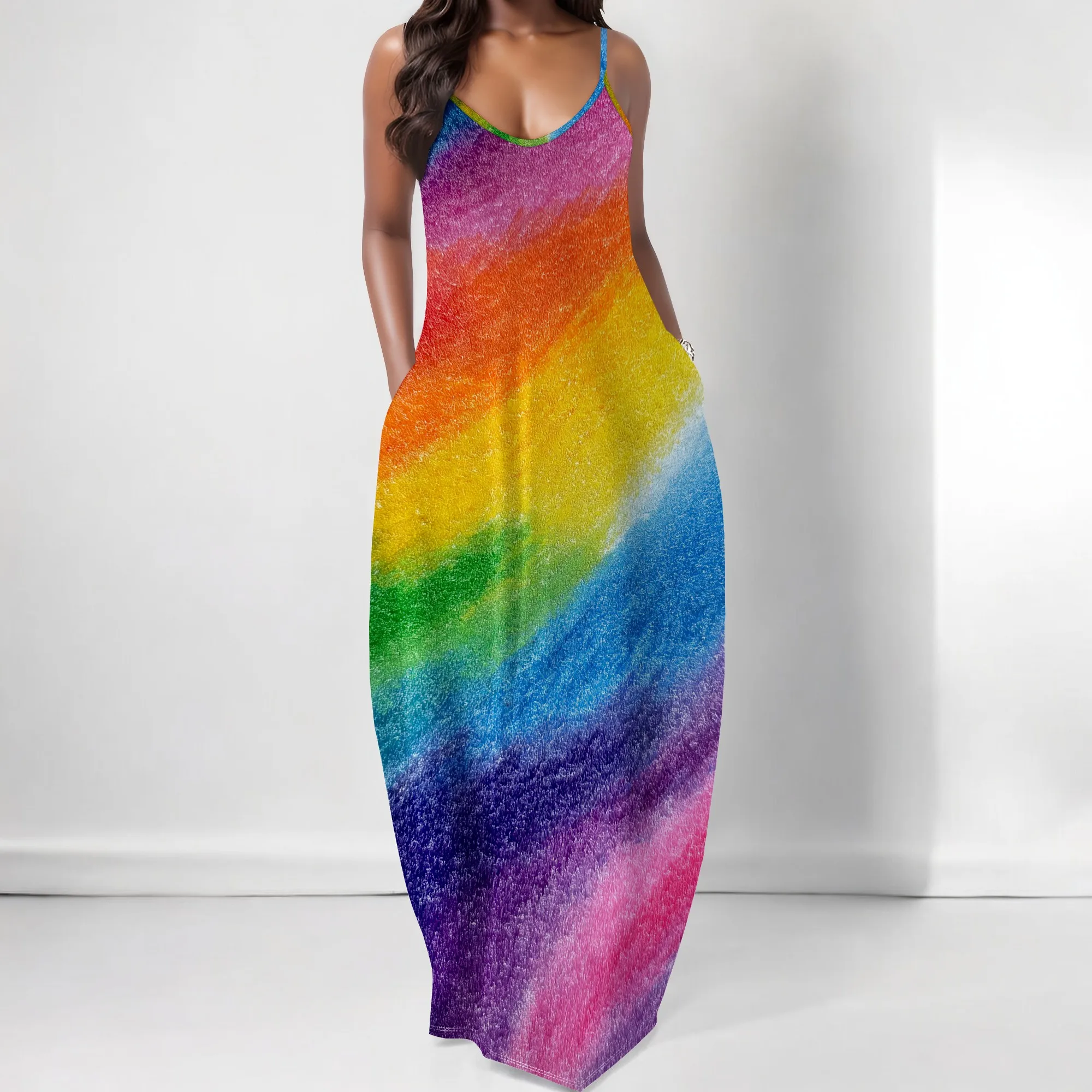 

Pride LGBTQ Rainbow Maxi Dress for Women Summer V-Neck Spaghetti Strap Sleeveless Sundress with Pockets Boho Festival Wear