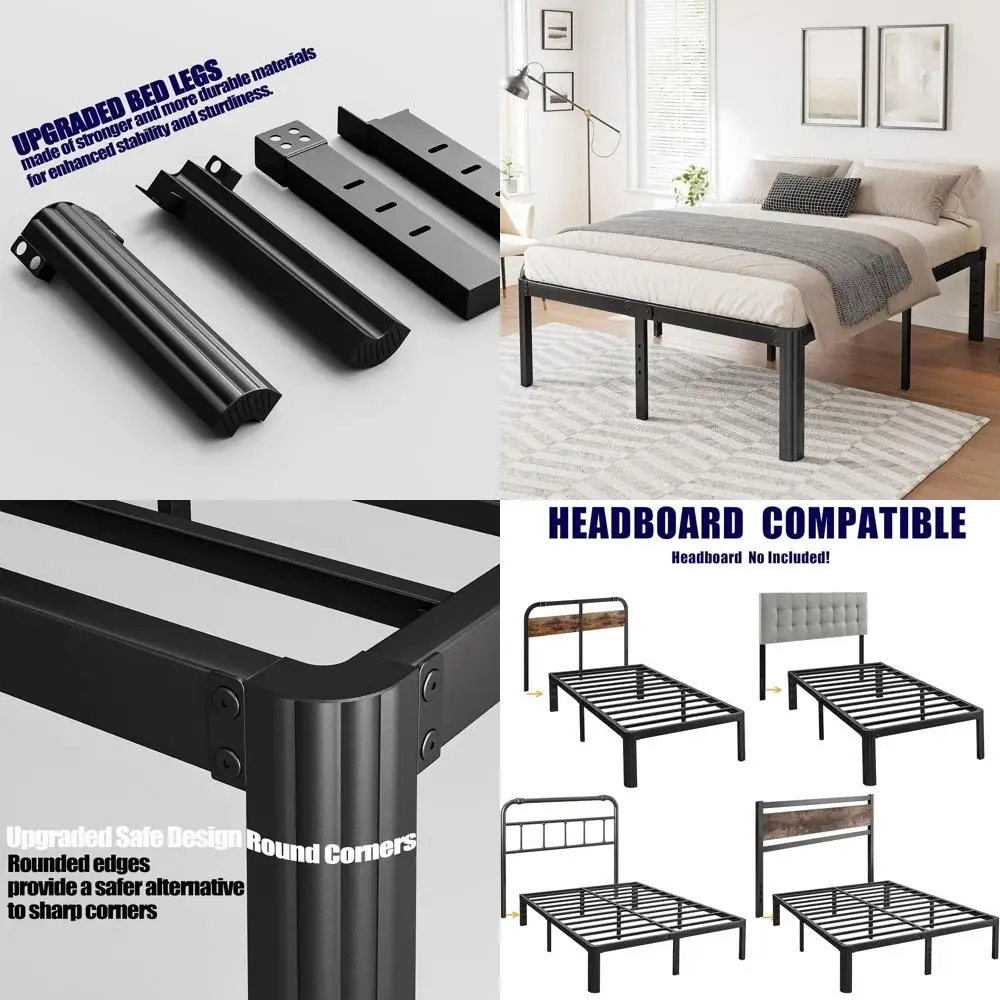 إطار سرير معدني شديد التحمل بحجم كوين، لا حاجة إلى صندوق زنبركي، سهل التجميع، بدون ضوضاء، أسود مع زوايا مستديرة #1