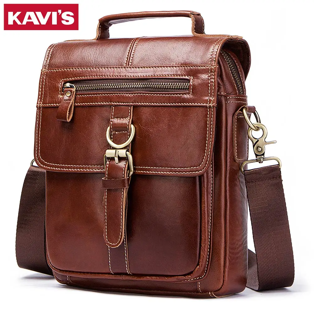 KAVIS New Genuine Leather Man\'s Crossbody Shoulder Bag Multi-function Men Handbags Large Capacity Cow Leather Bag For Man Travel