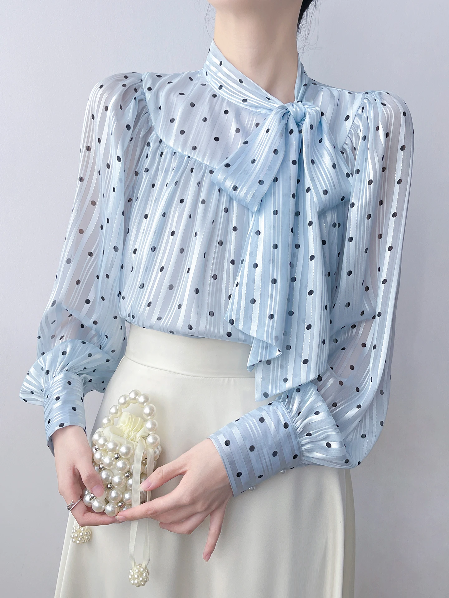 

Ele Polka Dot Knot Long Sve Women's irt Spring Season Blue Chiffon Top Korean Faion Polka Dot Blouse