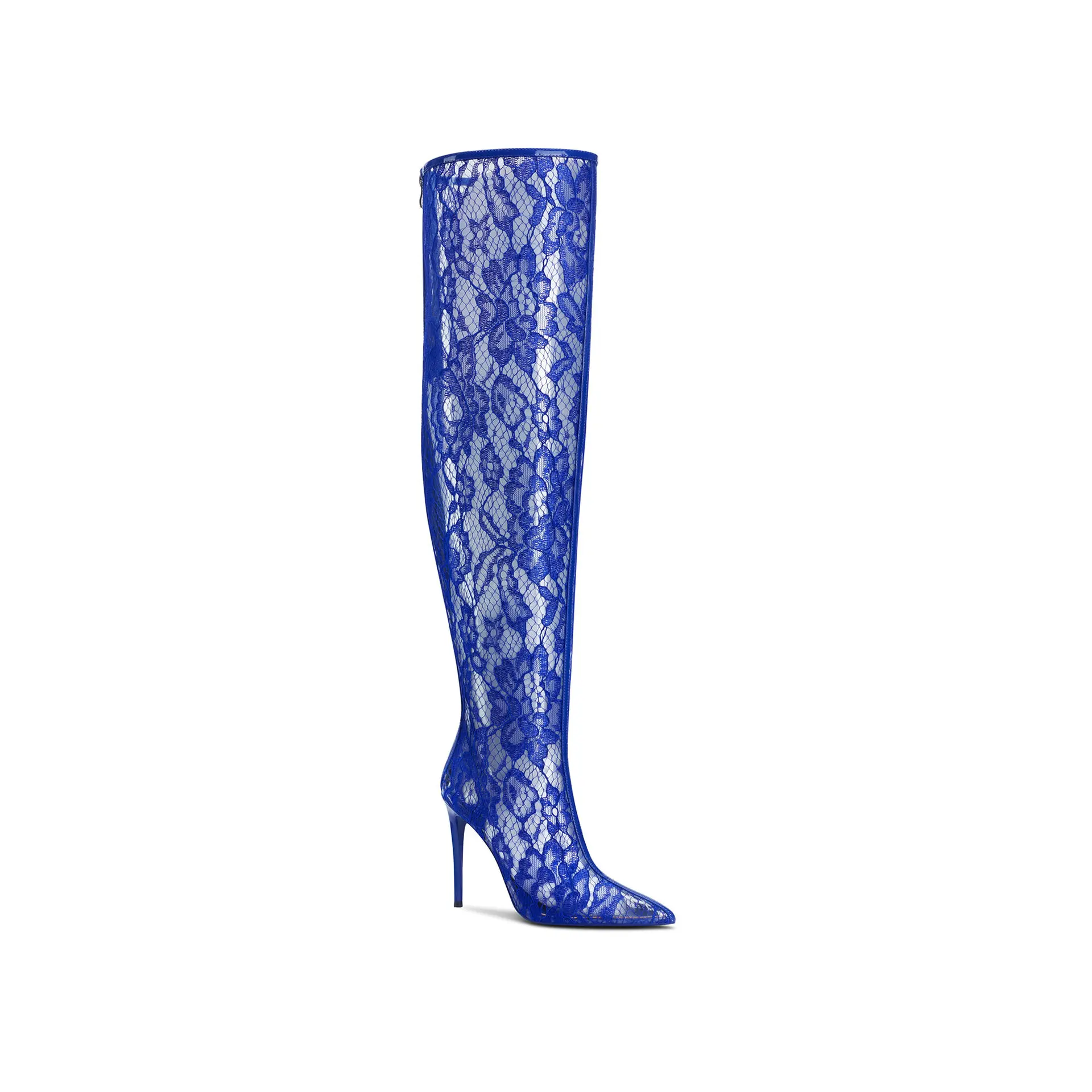 Sexy Floral Lace Over The Knee Boots Woman Blue Red Black Translucent Lace Thigh Boots Pointed Toe High Heel Flower Lace Boots