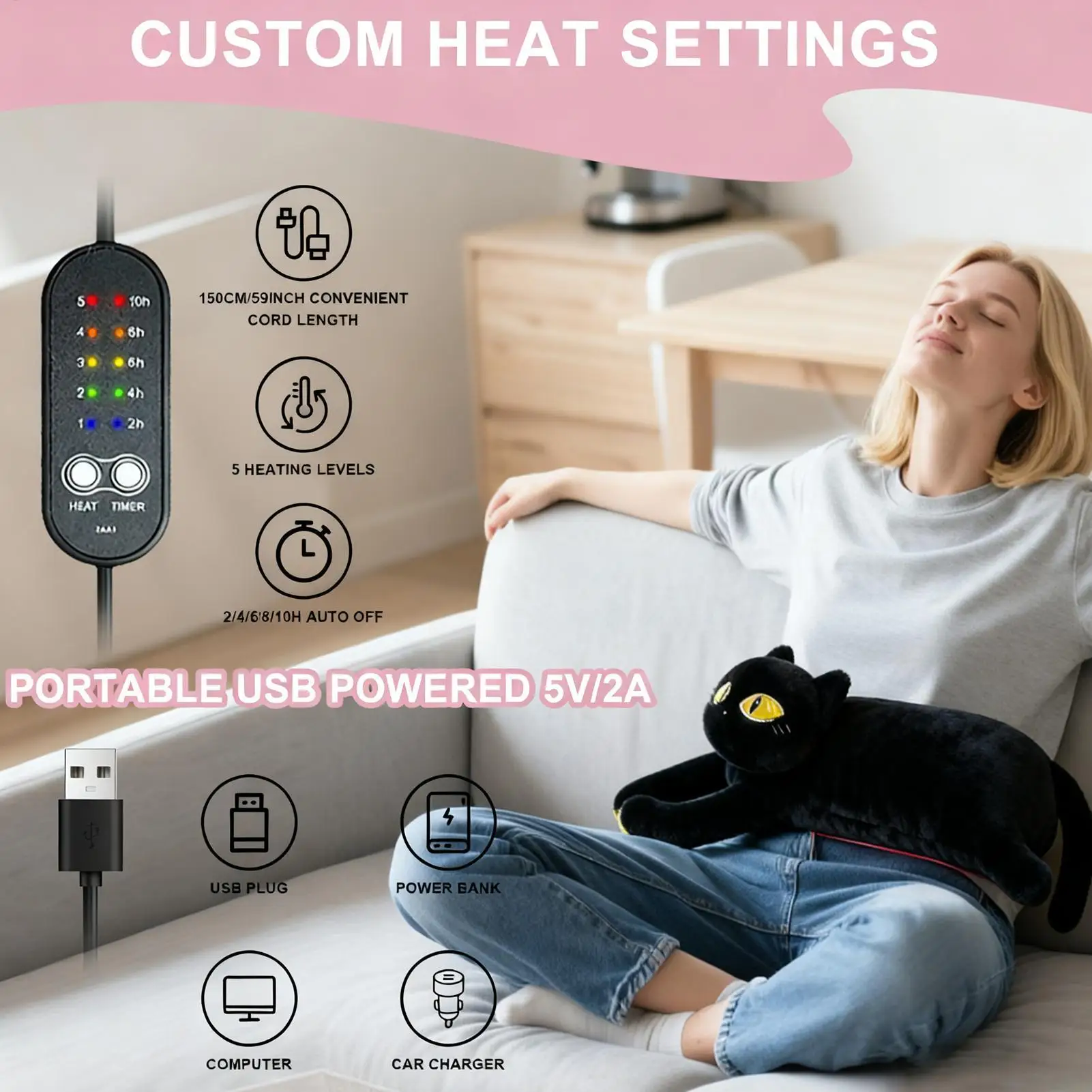 Heating Pad For Period Cramps Plush Back Relief Cat Heating Pad USB Powered Cute Stuffed Animals For Stomach Neck Shoulder Lower