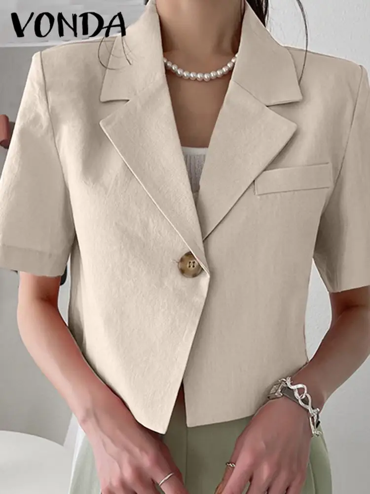 Eleganckie lato marynarka damska zestaw z krótkim rękawem kołnierzyk formalny płaszcz dla kobiet 2023 modna odzież wierzchnia w jednolitym kolorze casualowa tunikowe bluzki na guziki