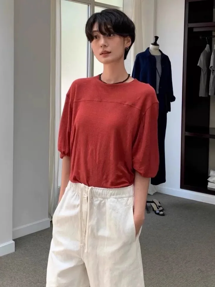 

Свободная круглая льняная футболка Ne Long Sve, женский топ, удобный, ранняя осень, модная повседневная одежда для поездок на работу