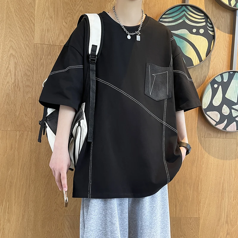 New Summer Men Heavyweight Cotton Loose Streetwear Half Sleeve T Shirt Plus Size Round Neck Trendy Student Casual Top Tee