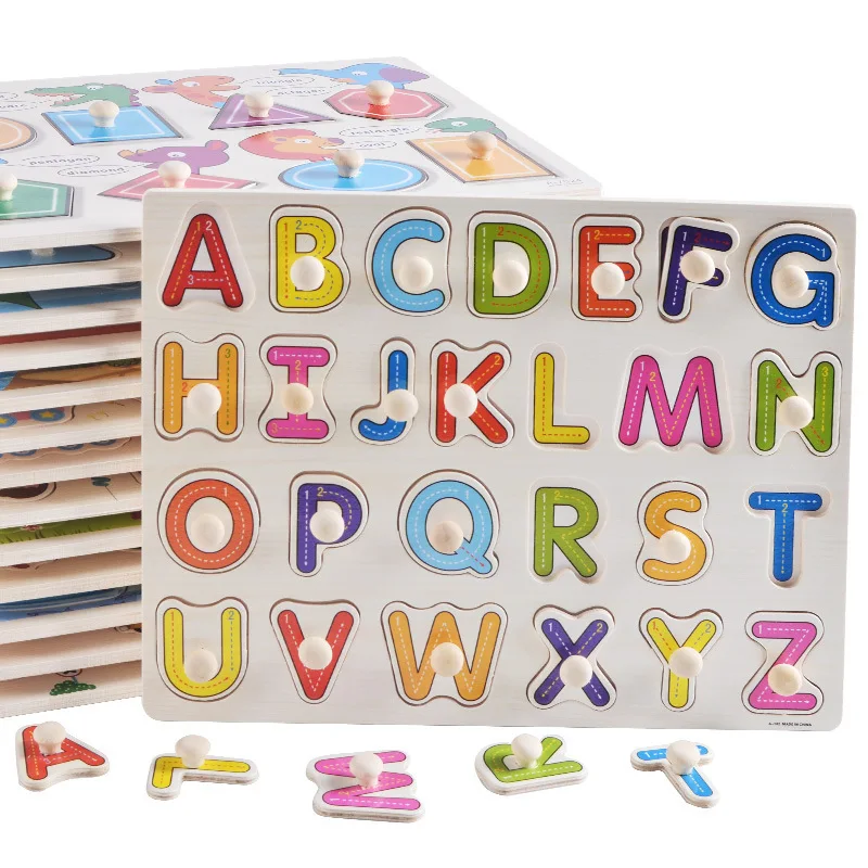 Baby Holz Grab Board Nummer Buchstaben Form Erkennung Puzzle Kinder frühe Bildung Puzzle Spielzeug