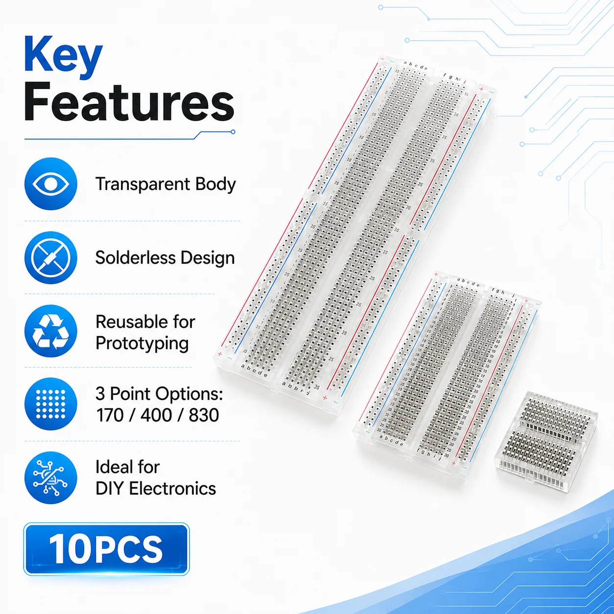 10PCS MB-102 400/830/170 Point Solderless Transparent Breadboard PCB Electronic Experiment Test Development Board DIY