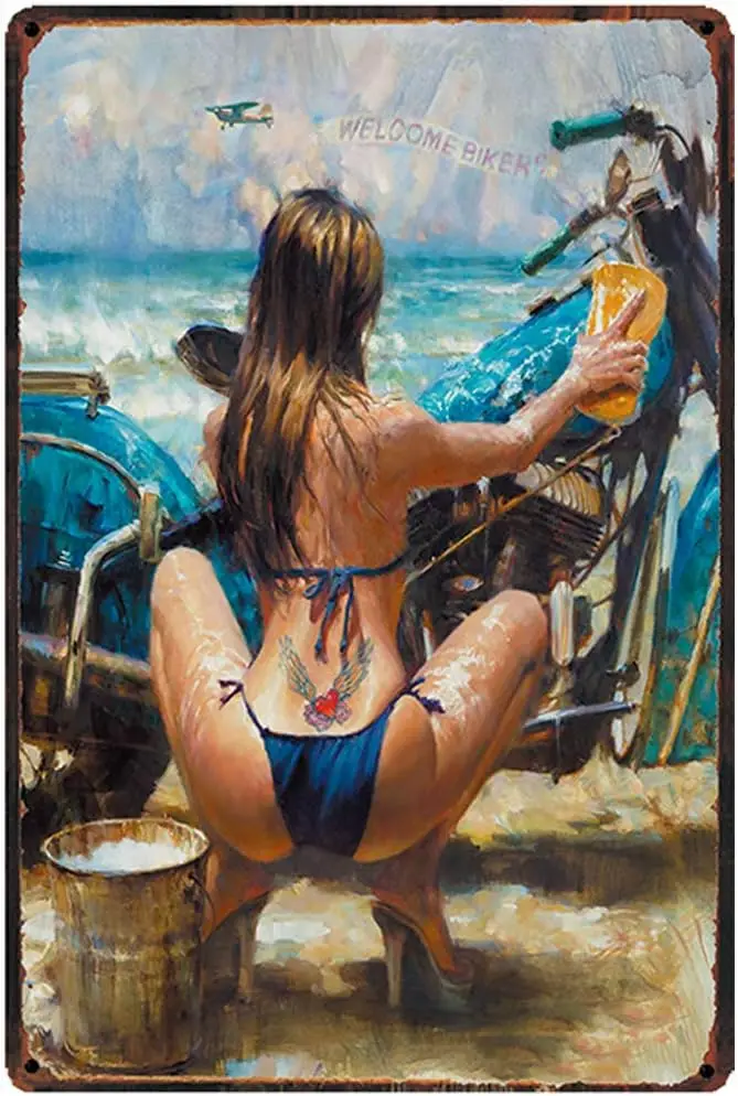 Original Retro Design Bikini Girl Washing Motorcycles Tin Metal Signs Wall Art | Thick Tinplate Print Poster Wall Decoration for