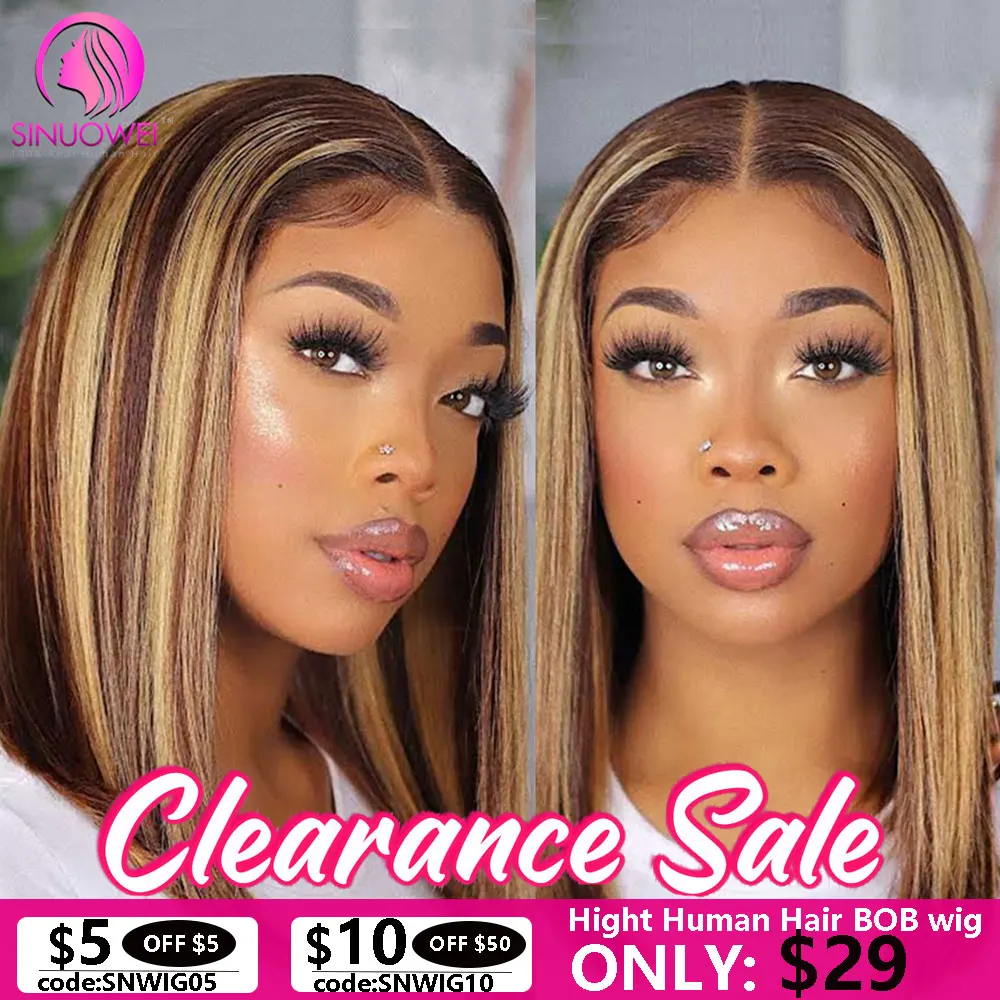 

Sinuowei 13x1 Highlight Short Bob Human Hair Wigs 8-16inch P Color Honey Brown Transparent T Part Lace Front Bob Wigs For Women