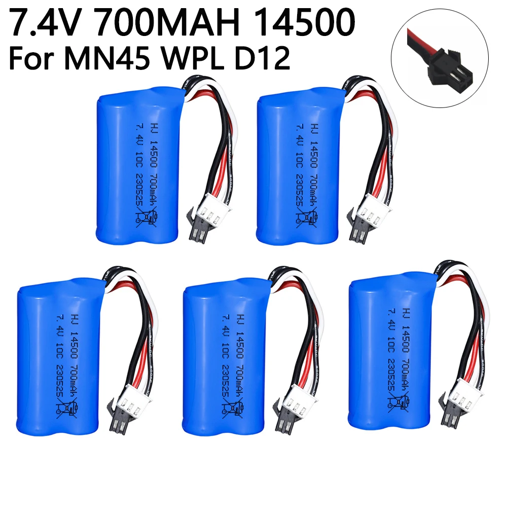 7.4V 700mah Lipo battery For MN45 WPL D12 RC toys Car Boat Gun Speedboat 14500 2S 7.4v Lipo Battery with SM PLUG Toys parts