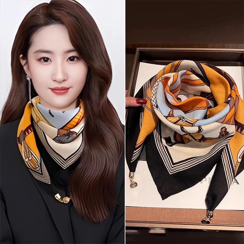 New Retro Warm Square Scarf Magnetic Button Triangle Scarf Cotton Scarf Women\'s Spring Autumn And Winter Western Style Neck