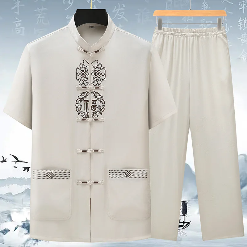 

Летний костюм Тан, этническая одежда, тонкий мужской костюм Чжуншань с коротким рукавом в китайском стиле, мужской костюм Ушу, кунг-фу Тайчи, униформа, мужские костюмы