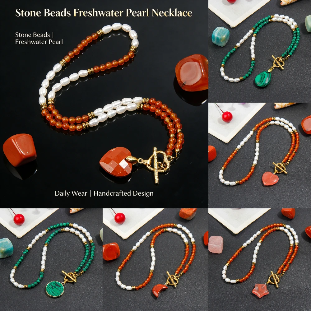 Women Handcrafted Natural Stone Beads Freshwater Pearl Necklace Heart Charm Toggle Clasp Fashion Necklace Jewelry