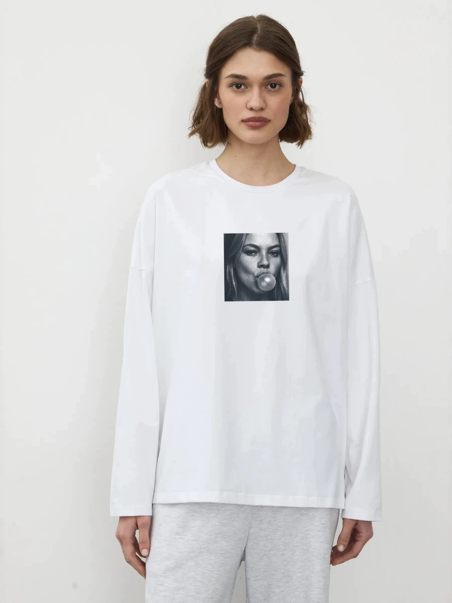 Spring Autumn Women's 100% Cotton T‑Shirt Black White Figure Bubble Gum Print Long Sleeve Loose Fit Soft Daily Casual Basic Top