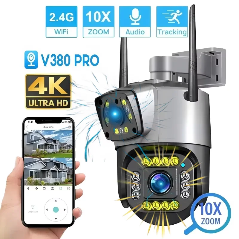 

V380 WiFi Surveillance Camera-Dual Lens-IP Camera-8MP-4K-Wireless Network-Outdoor Smart Home Cam-Night Vision-10x Digital Zoom