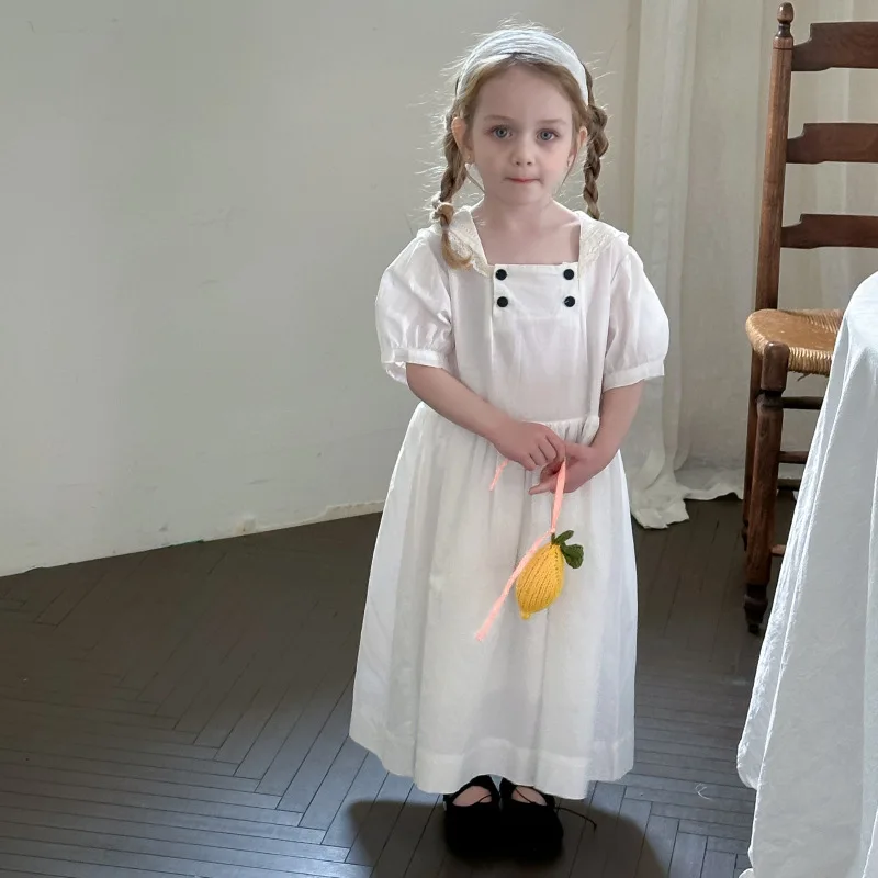 

South Korean 1-12Y girl foreign style princess lace lapel bubble short sleeve summer new little girl princess 90-130cm dress