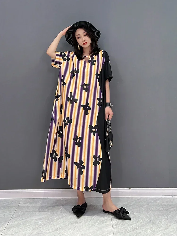 XITAO Fashion Striped Print Dress Loose Casual Simplicity Contrast Color Women T-shirt Dress Temperament Summer New ZY7275