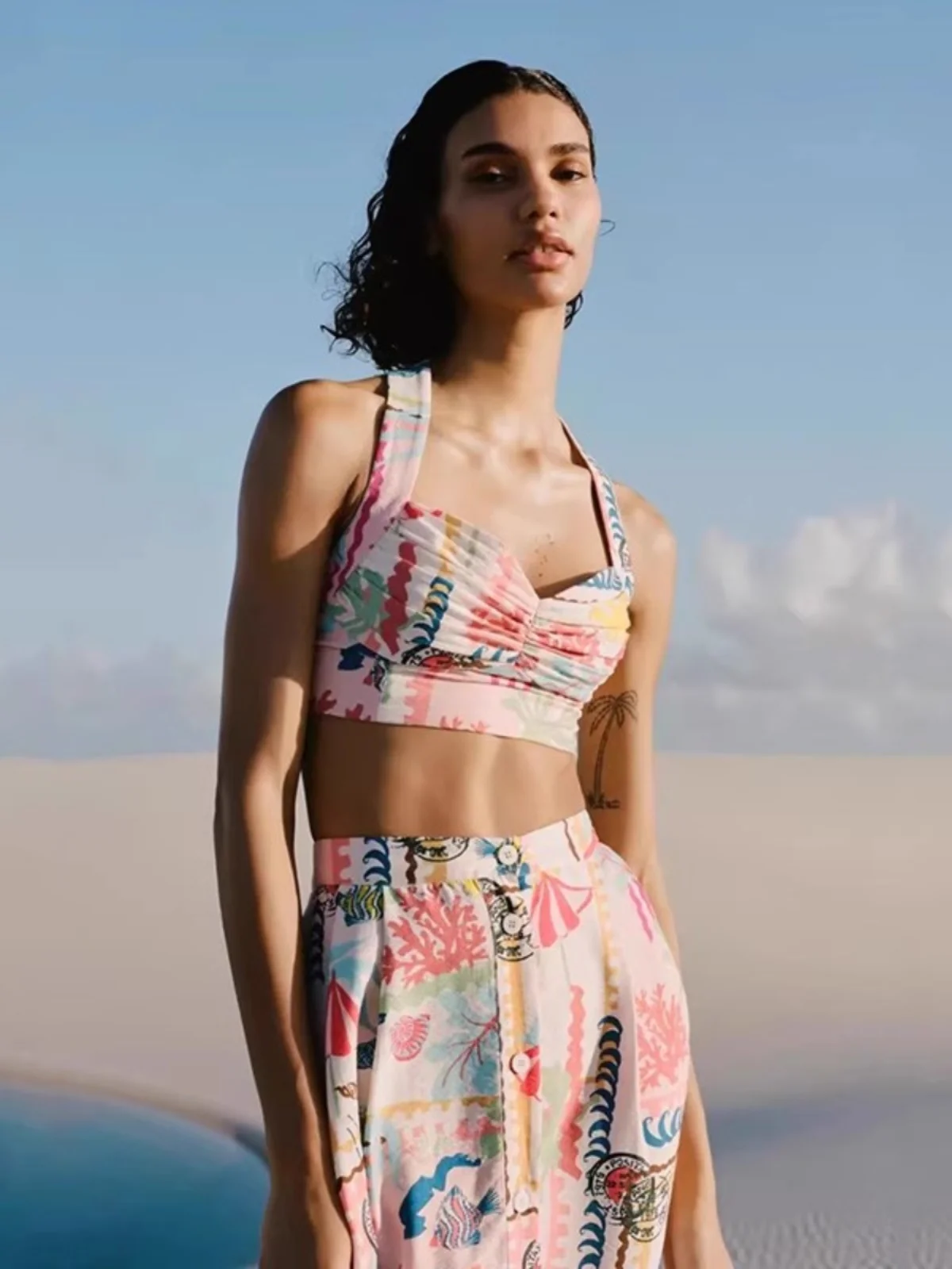 

Уличная юбка-миди с высокой талией, весна-лето, Новое поступление, женский топ с лоскутным принтом и плащой юбкой