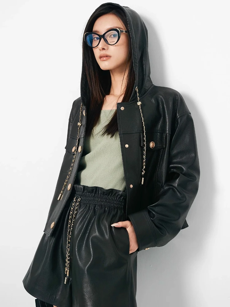 Hooded Genuine Leather Cropped Jackets for Women Spring Autumn High-end Simple Single Breasted Soft Black Real Sheepskin Coat