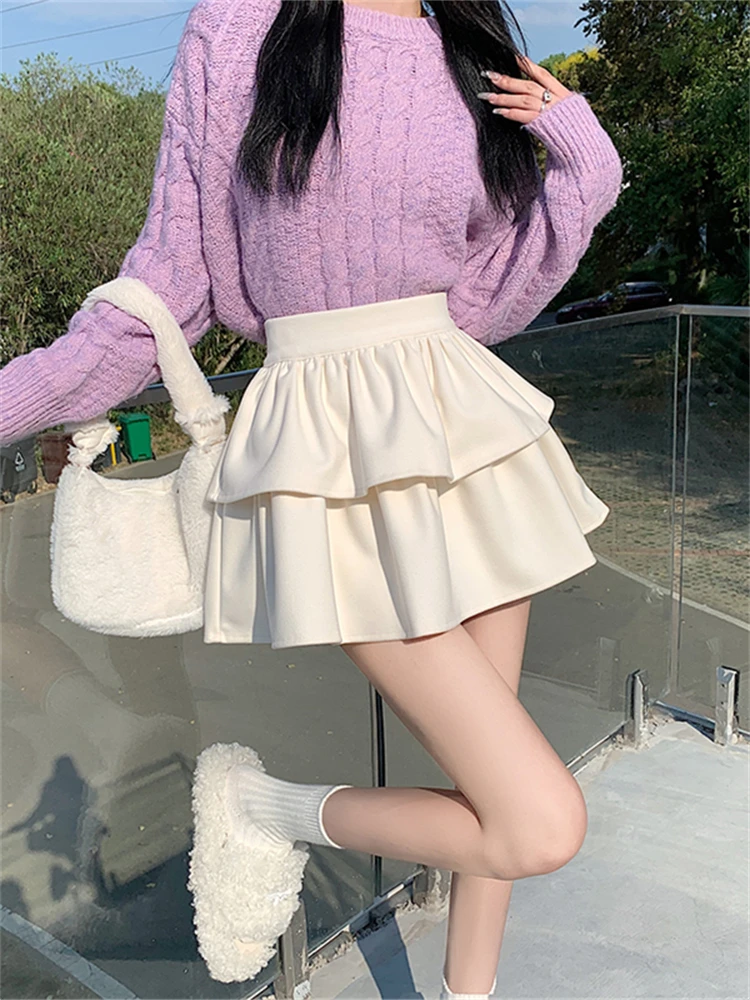 Plus size Chubby Girl Gyaru Frill Woolen Skirt Women's Autumn Skirt Sexy Autumn High Waist Puffy Cake Skirt