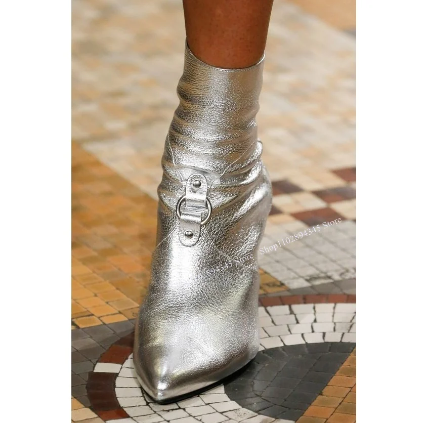 

Silver Mid Calf Buckle Matte Boots Pointed Toe Thin High Heel Fashion Sexy 2024 Winter Big Size Woman Shoes Zapatillas Mujer