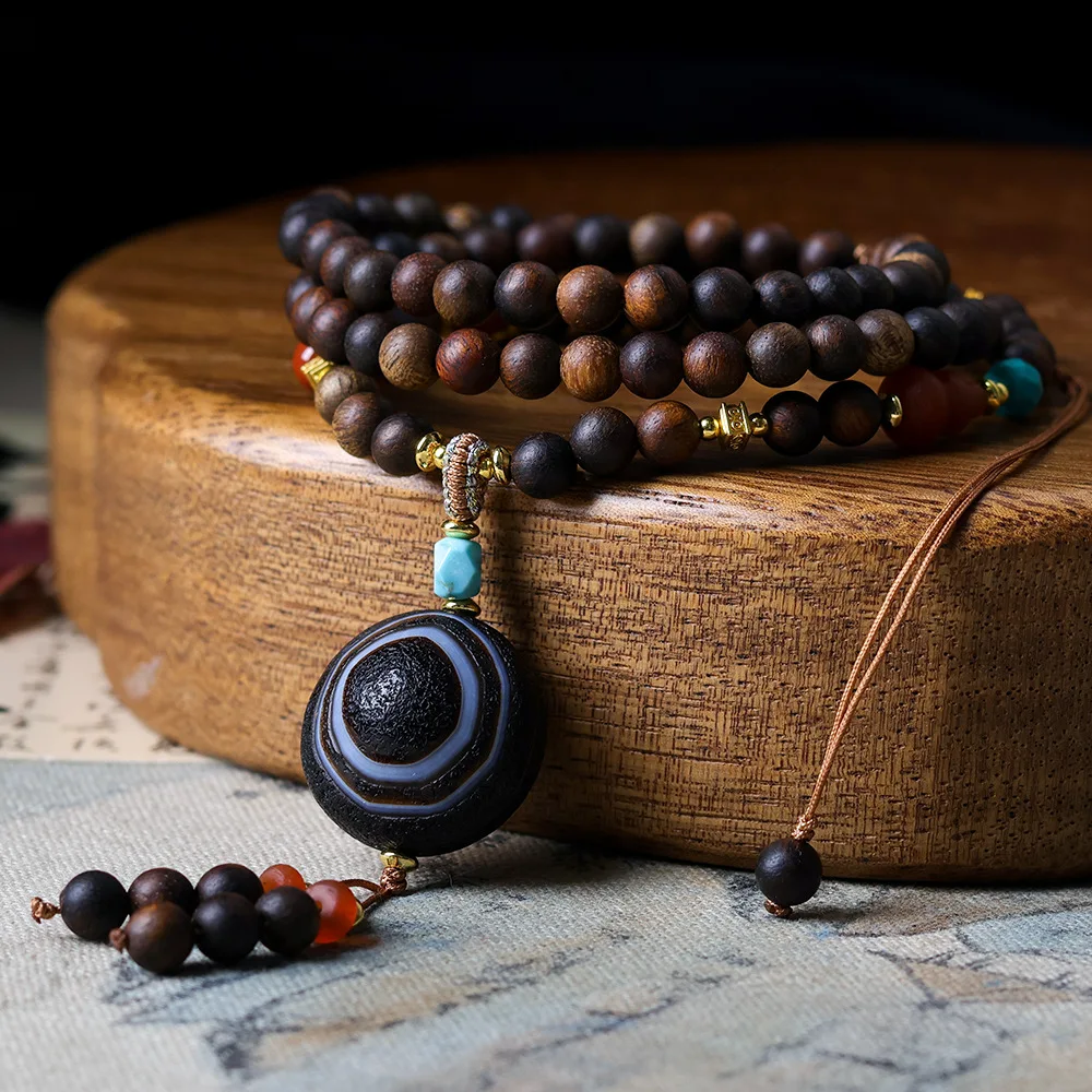 Handwoven Yellow Agarwood Necklace with Dzi Bead Chinese Style Sweater Chain for Jewelry Collection Gifts