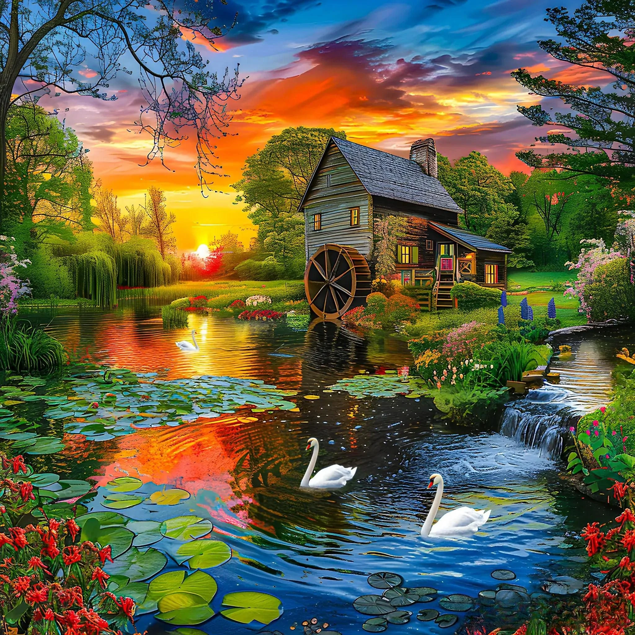 

500PCS/1024 PCS Jigsaw Puzzles Swan Pond Landscape Relaxing Family Activity Games for Living Room Home Decor Gift
