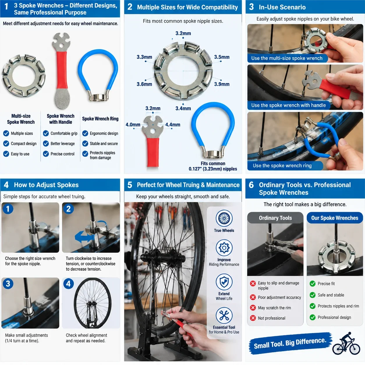 Bicycle Spoke Wrench Tool Set with Tire Prying Rod Rim Correction Valve Core Tool Riding Repair Accessories