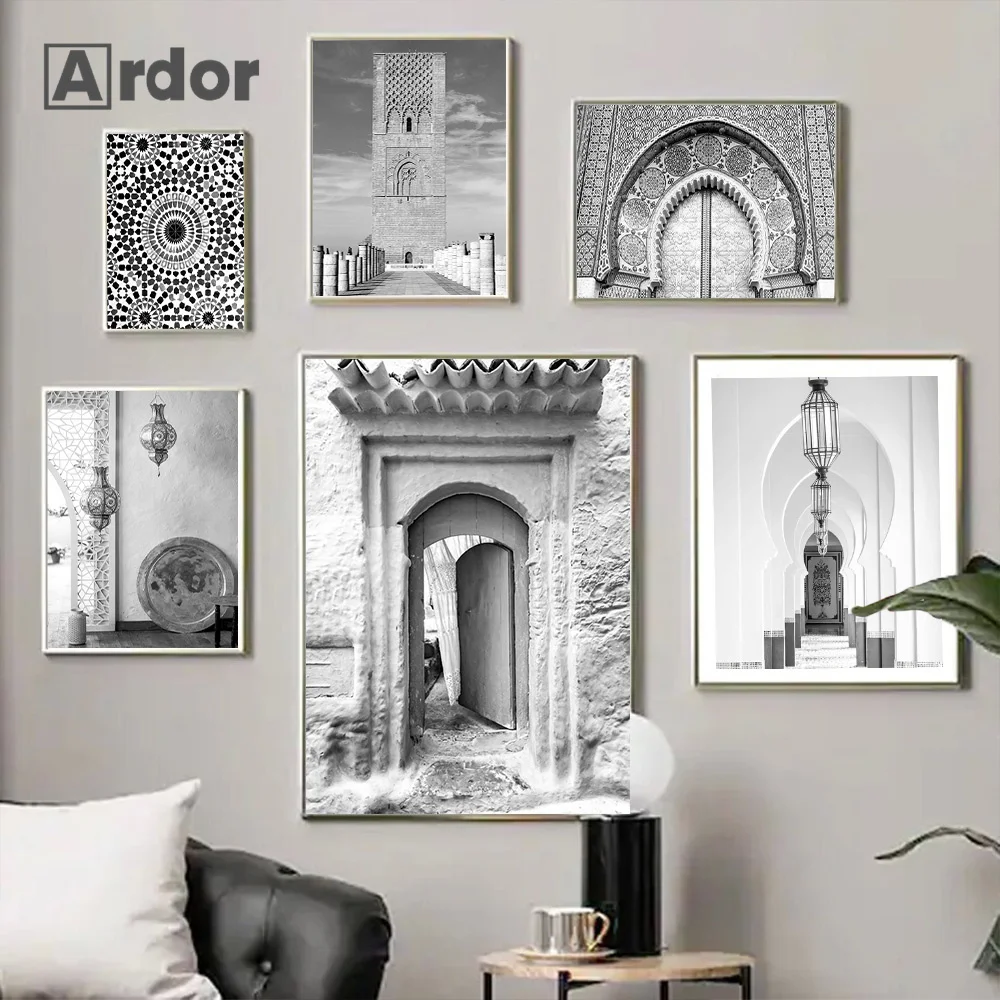 Black and White Islamic Mosque Landscape Poster Canvas Painting Muslin Building Print Wall Art Pictures Living Room Home Decor