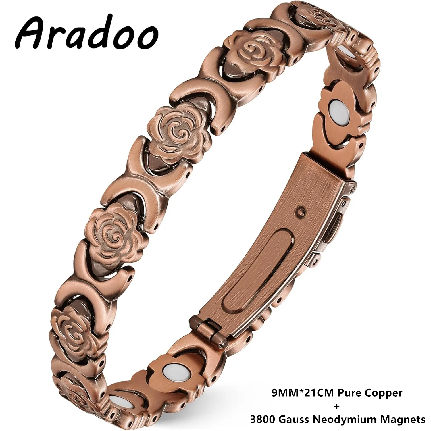 ARADOO Pulseras de cobre puro con diseño de rosas para mujer con pulsera magnética de neodimio de 3800 Gauss, regalos de joyería