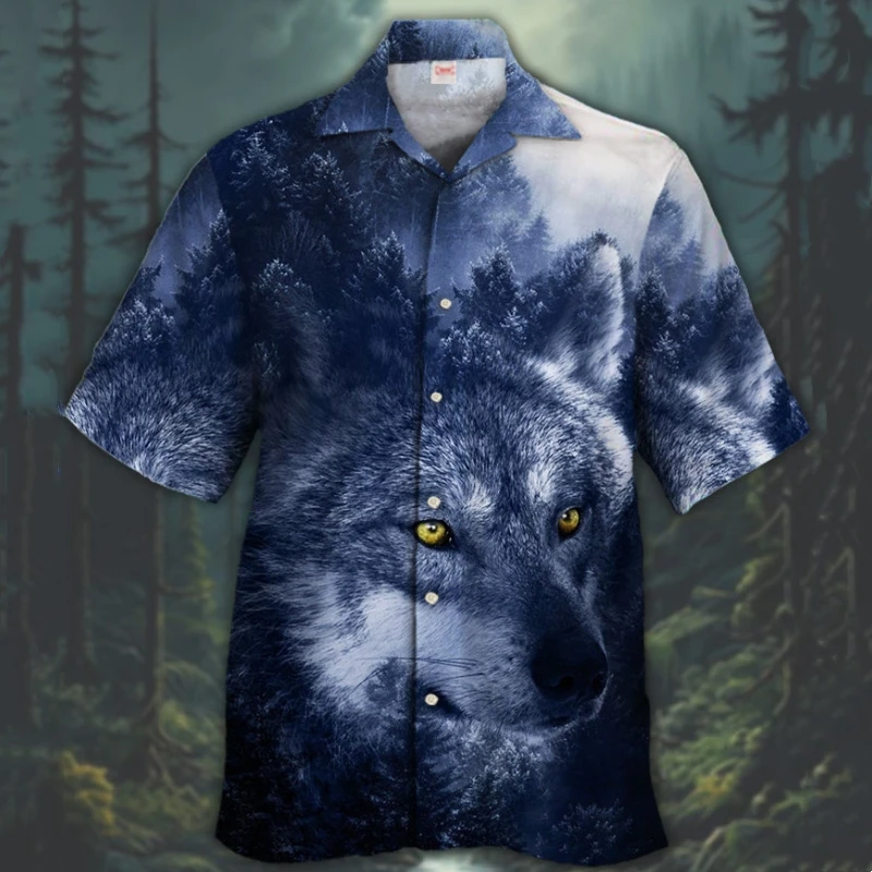 Retro Men\'s Shirt 3d Wolf Print Short Sleeve Tops Cuban Collar Shirt Oversized Man Clothing Beach Casual Hawaiian Shirts For Men