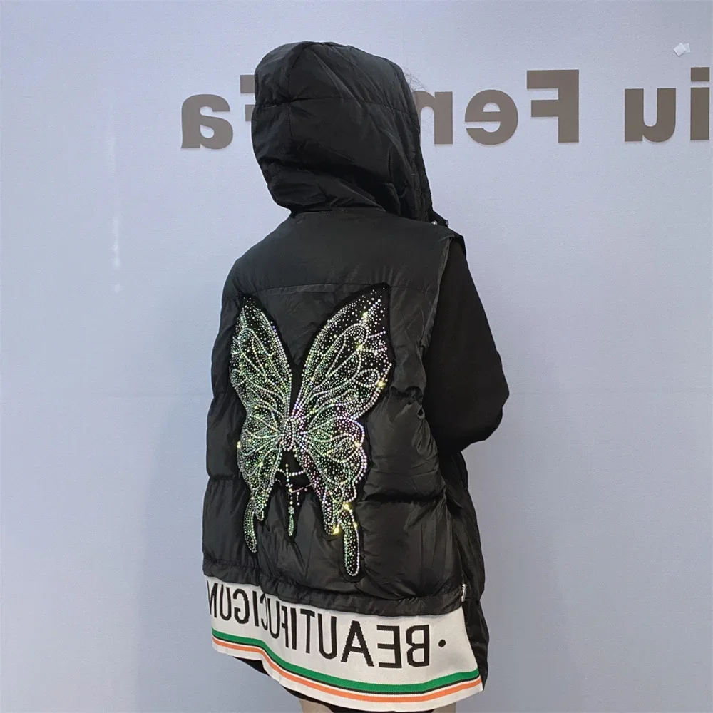 Diamonds Butterfly Women Sleeveless Wadded Jacket 2024 New Autumn Winter Large Size Hooded Vests Coat Streetwear Black Waistcoat