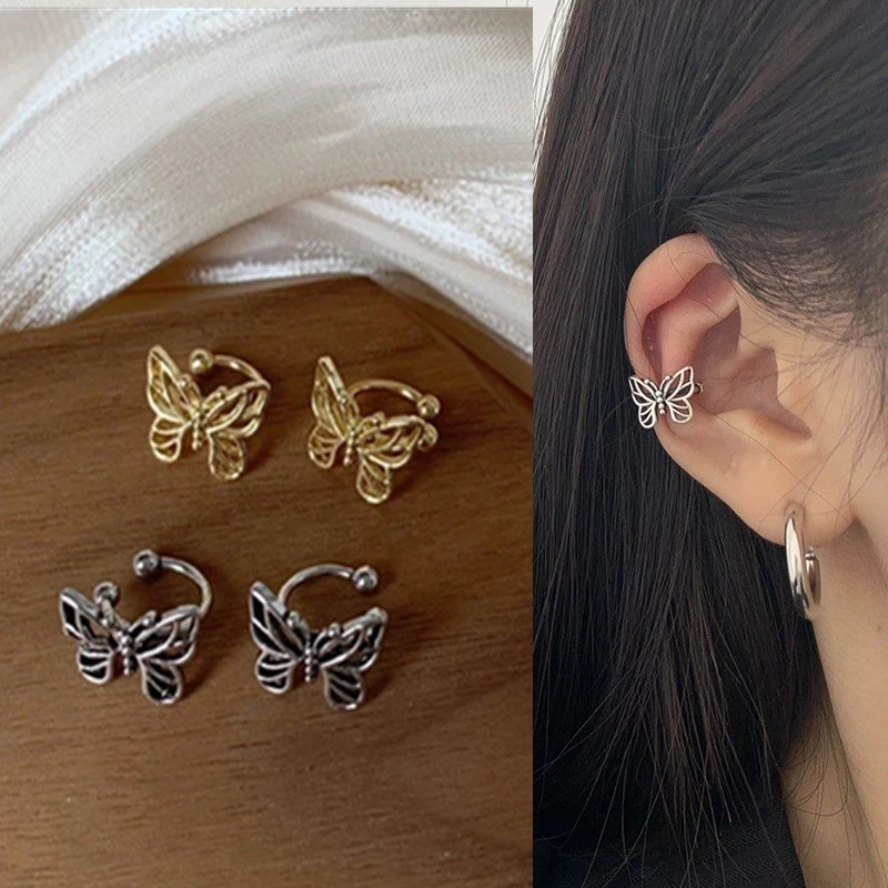 New Fashion Vintage Metal Hollow Butterfly Ear Clips For Women Girls Cute No Piercing Fake Cartilage Ear Jewelry Party Gifts