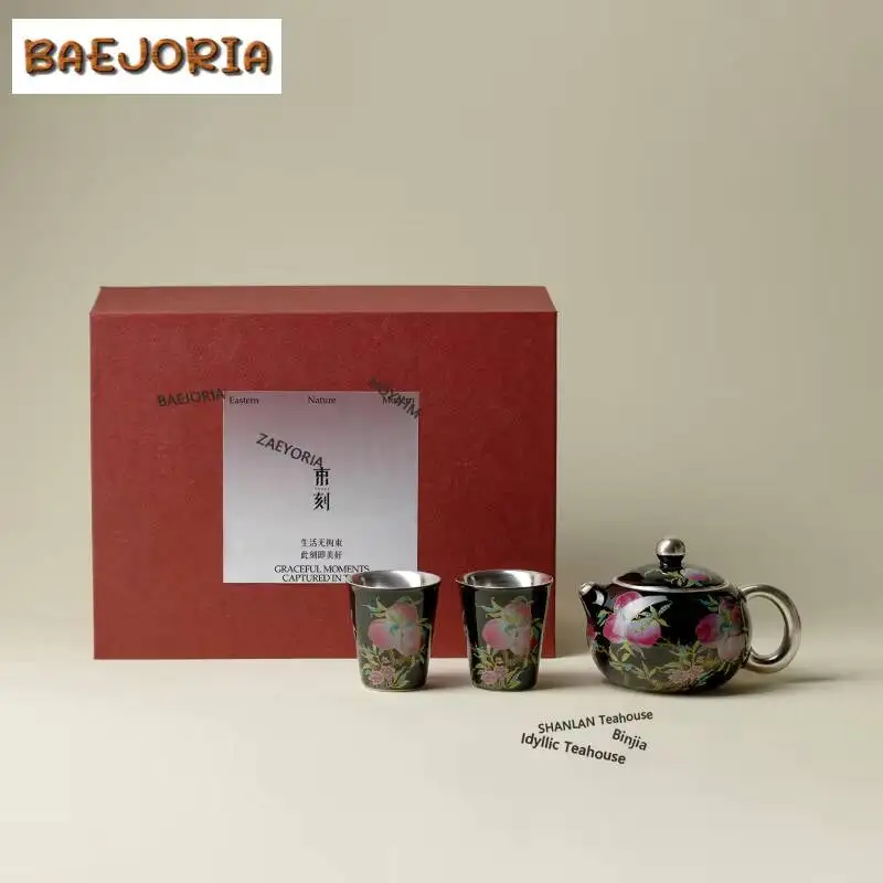 Nine Peach Pastel Gilt Silver Tea Set Complete Set Japanese Tea Ceremony Set Household Teapot And Tea Cup Set Cafes Ornaments