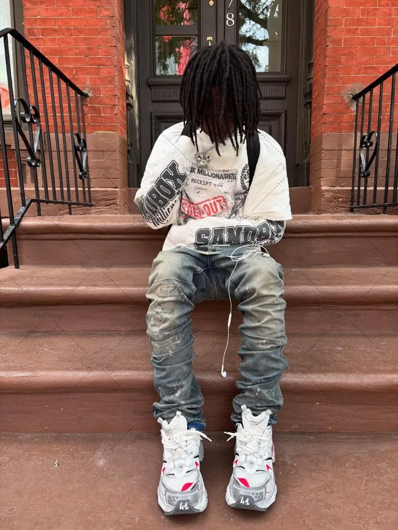 

2025 Hip-hop Punk Harajuku Streetwear Fake Two-piece Round Neck Graphic Top Men Gothic Retro Casual Trendy Long-sleeved T-shirt