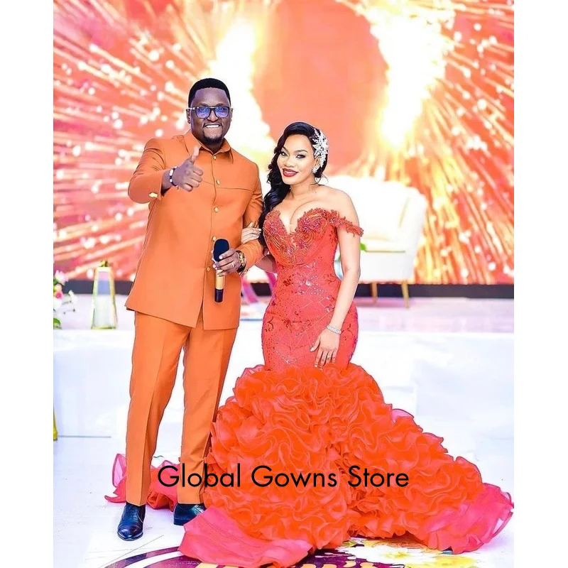 Robe de bal longue de forme sirène, personnalisée, élégante, rouge, à volants, perles de cristal, pour filles noires, robe de soirée africaine, E3P73