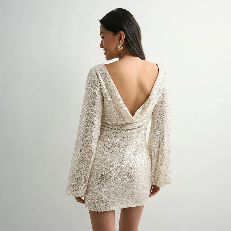 冬の新作、ランタン袖のスパンコール付きボディコンミニドレス。女性用、クラブ、パーティー、セクシーな背中見せショートドレス。