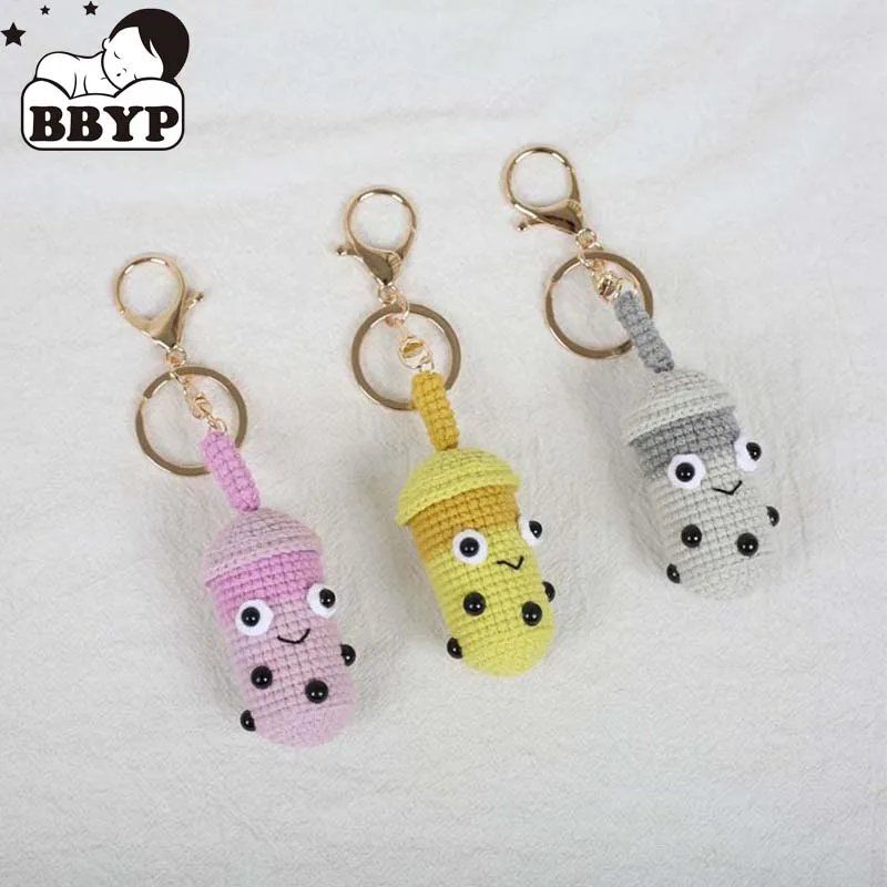 

Cute milk tea Charm Keychains Cartoon Mini Hand Knitted Car Keyring Lovely Backpack Handbag Pendant Couple Keyholder