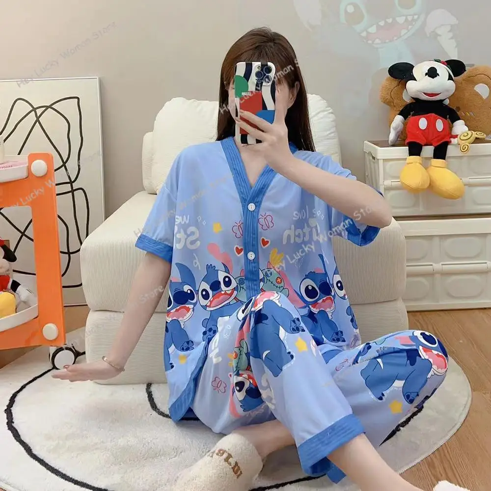

Cartoon 2Pcs Disney Stitch Summer New Female Pajamas Anime Cute T-Shirt Pants Loose Imitation Cotton Sweet Outside Loungewear