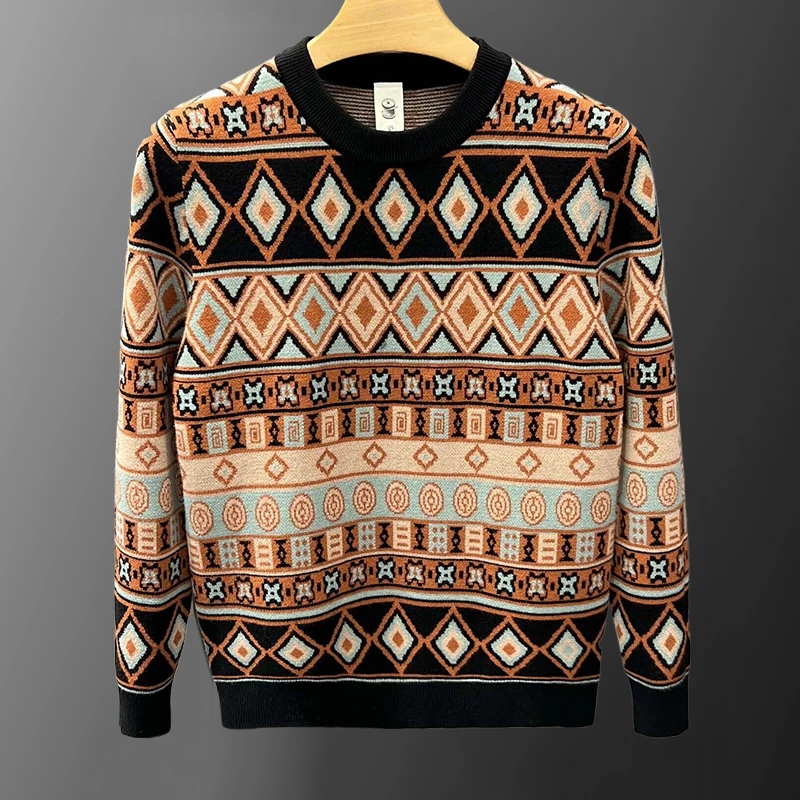 Geometric Print Knitted Pullover Sweater Men Long Sleeve Slim Warm Sweater Social Jersey Navidad Hombre Streetwear Men Clothing